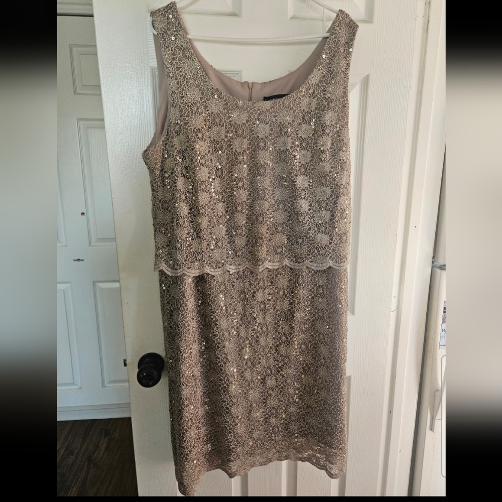 R&M Richards Gold Lace Midi Dress